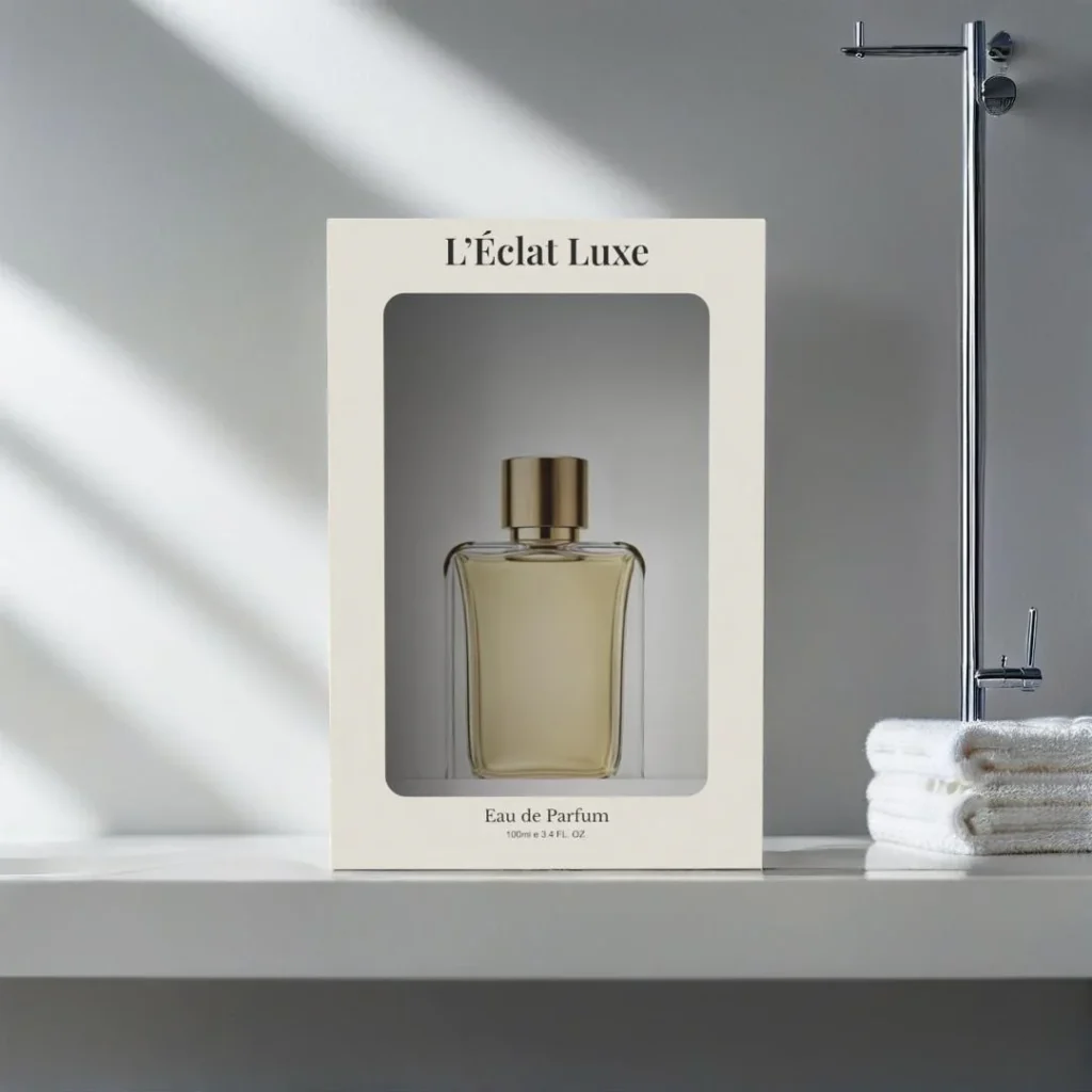 Perfume box with a clear window displaying a glass fragrance bottle