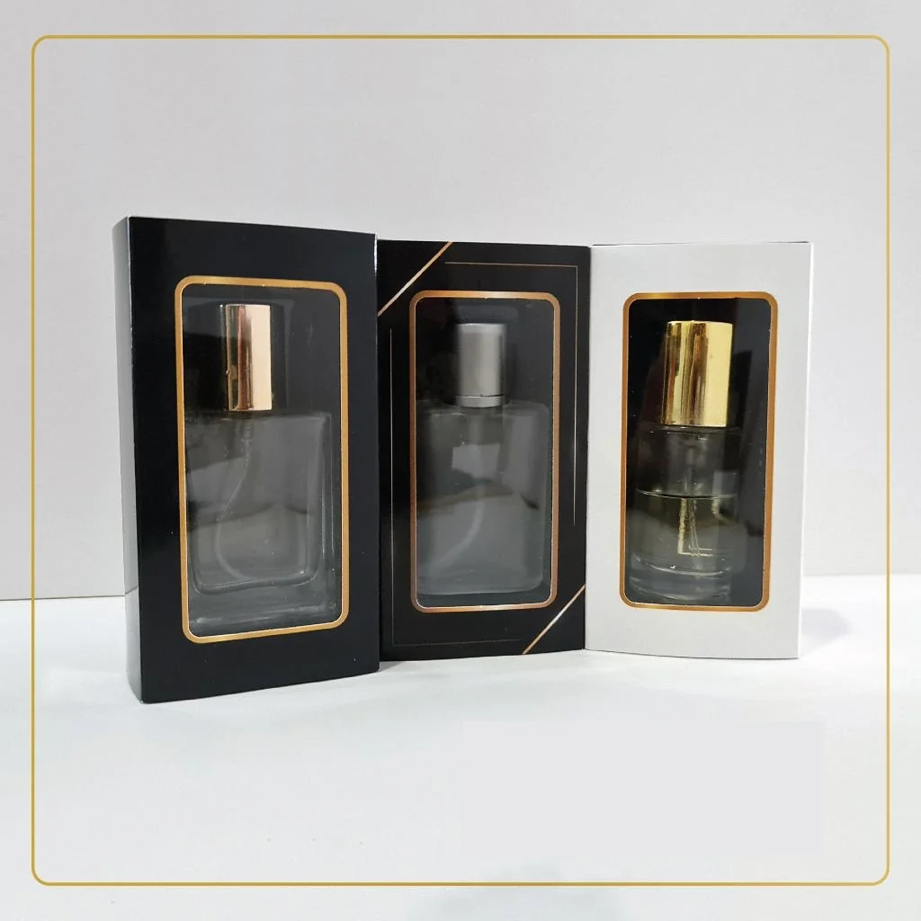 Die-cut window and clear film in perfume packaging
