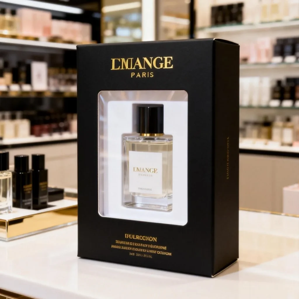 Luxury perfume carton with window and foil stamped branding